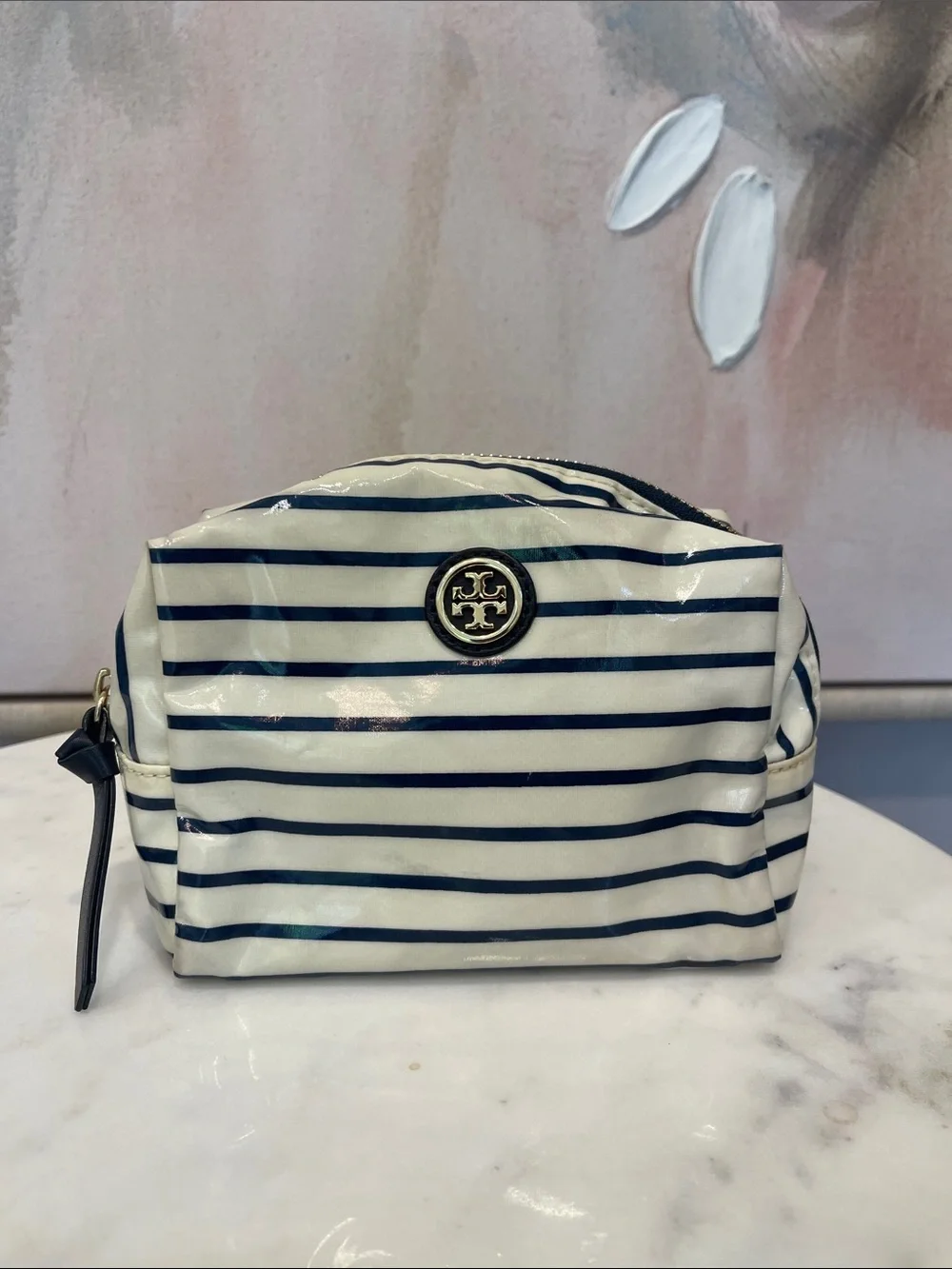 Tory Burch White and Navy Striped Patent Cosmetic Pouch